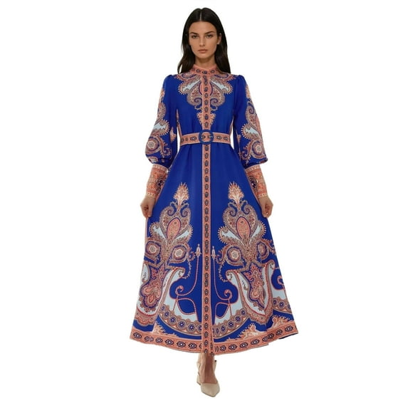 Printed Long Sleeve Maxi Dress with Belt