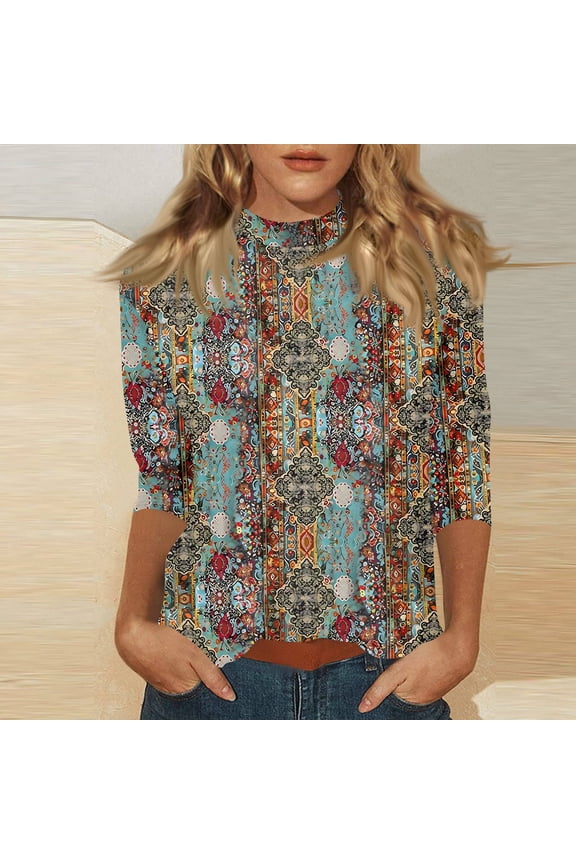 Printed Mandarin Neck Shirt - Elegant Collar with 3/4 Sleeves, Features Classic Prints for a Modern Casual Look Cyan 3XL
