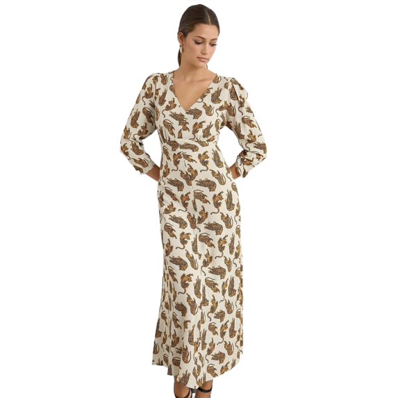 Printed Maxi Dress with V-Neck and Ruched Back