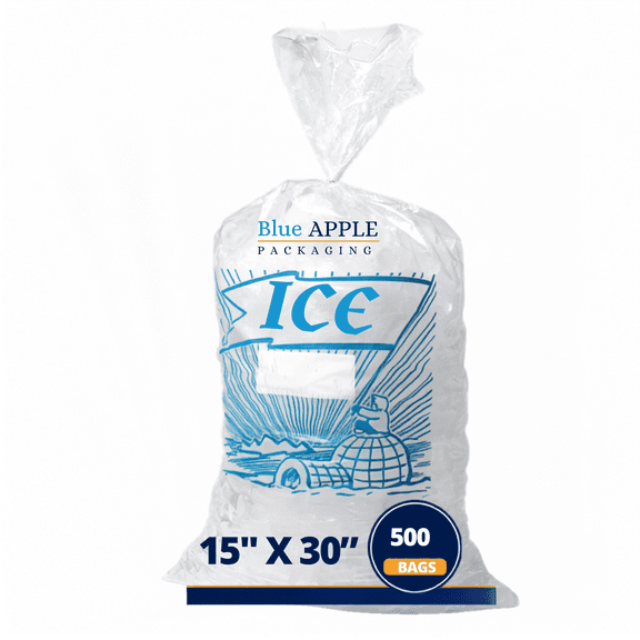 Printed Metallocene Ice Bag - 25lb 2 Mil, 15" X 30" & 500 Bags | Clear Ice Storage Bag with Retail "Ice" Print and Excellent Durability | Ideal for Cold Storage & Retail Ice Packaging