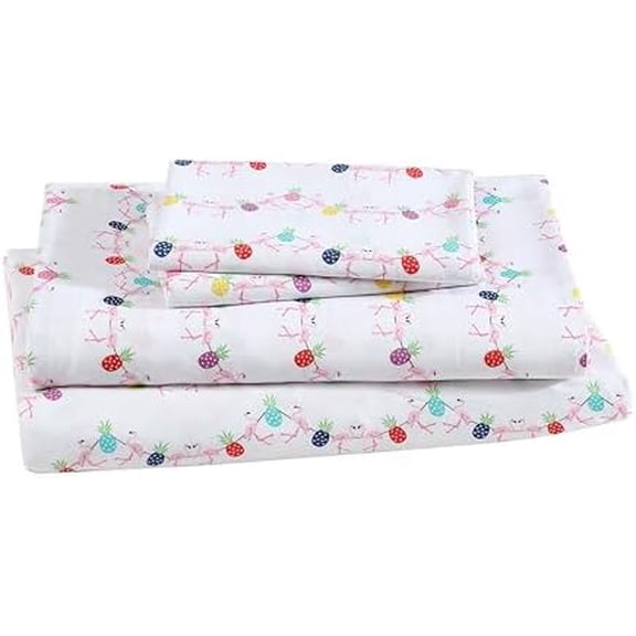 Printed Microfiber Sheet Set, Soft Comfortable Easy Care, Includes 1 Fitted Sheet with 12" Deep Pockets, 1 Flat Sheet, Pillowcase, Queen, Flamingo Pineapple