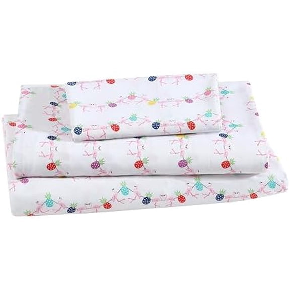 Printed Microfiber Sheet Set, Soft Comfortable Easy Care, Includes 1 Fitted Sheet with 12" Deep Pockets, 1 Flat Sheet, Pillowcase, Twin, Flamingo Pineapple