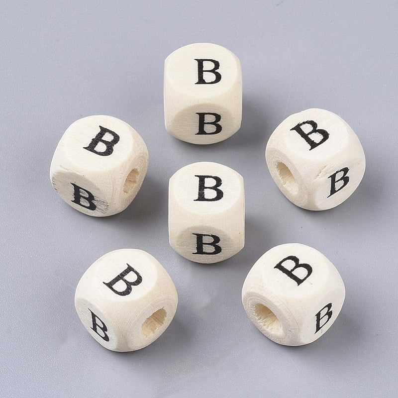 Printed Natural Wood Beads Horizontal Hole Cube with Initial Letter PapayaWhip Letter B 10x10x10mm Hole: 3.5mm about 950~1000pcs/500g