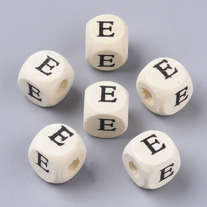 Printed Natural Wood Beads Horizontal Hole Cube with Initial Letter PapayaWhip Letter E 10x10x10mm Hole: 3.5mm about 950~1000pcs/500g