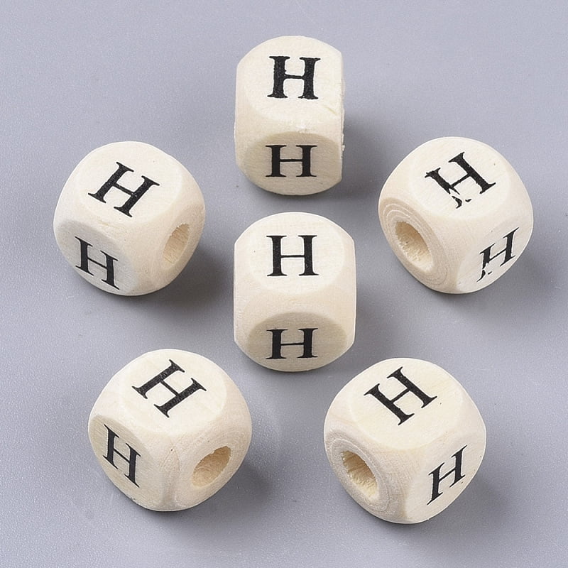 Printed Natural Wood Beads Horizontal Hole Cube with Initial Letter PapayaWhip Letter H 10x10x10mm Hole: 3.5mm about 950~1000pcs/500g