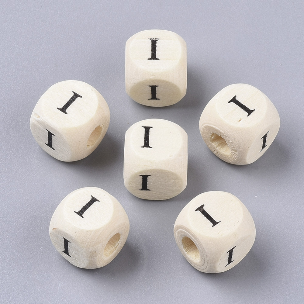 Printed Natural Wood Beads Horizontal Hole Cube with Initial Letter PapayaWhip Letter.I 10x10x10mm Hole: 3.5mm about 1000pcs/500g