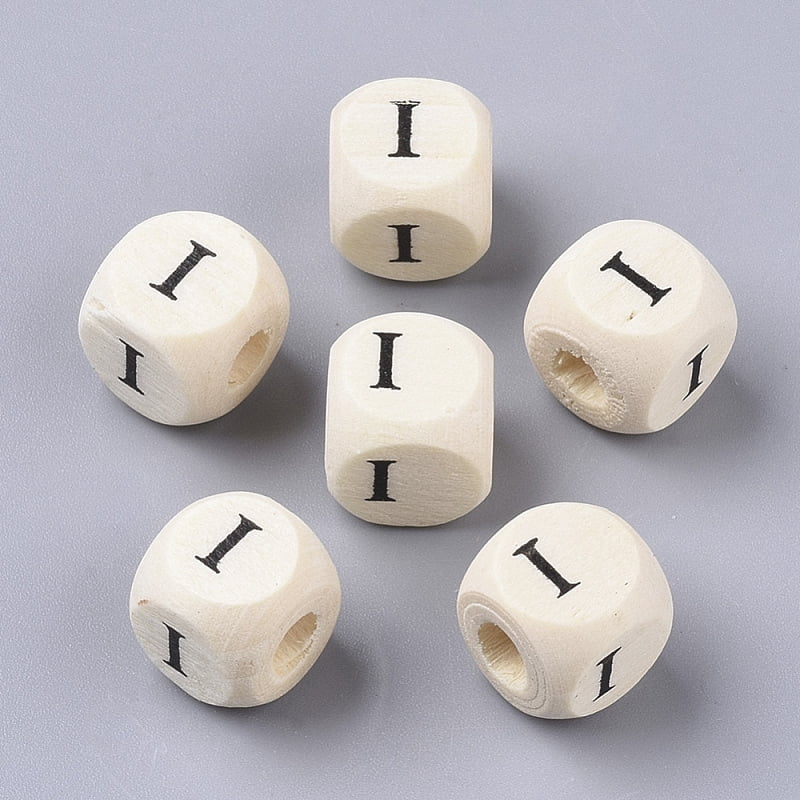 Printed Natural Wood Beads Horizontal Hole Cube with Initial Letter PapayaWhip Letter I 10x10x10mm Hole: 3.5mm about 950~1000pcs/500g