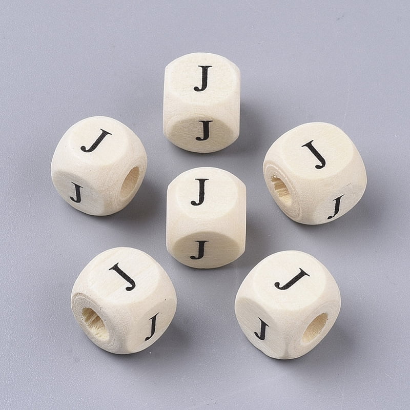Printed Natural Wood Beads Horizontal Hole Cube with Initial Letter PapayaWhip Letter J 10x10x10mm Hole: 3.5mm about 950~1000pcs/500g