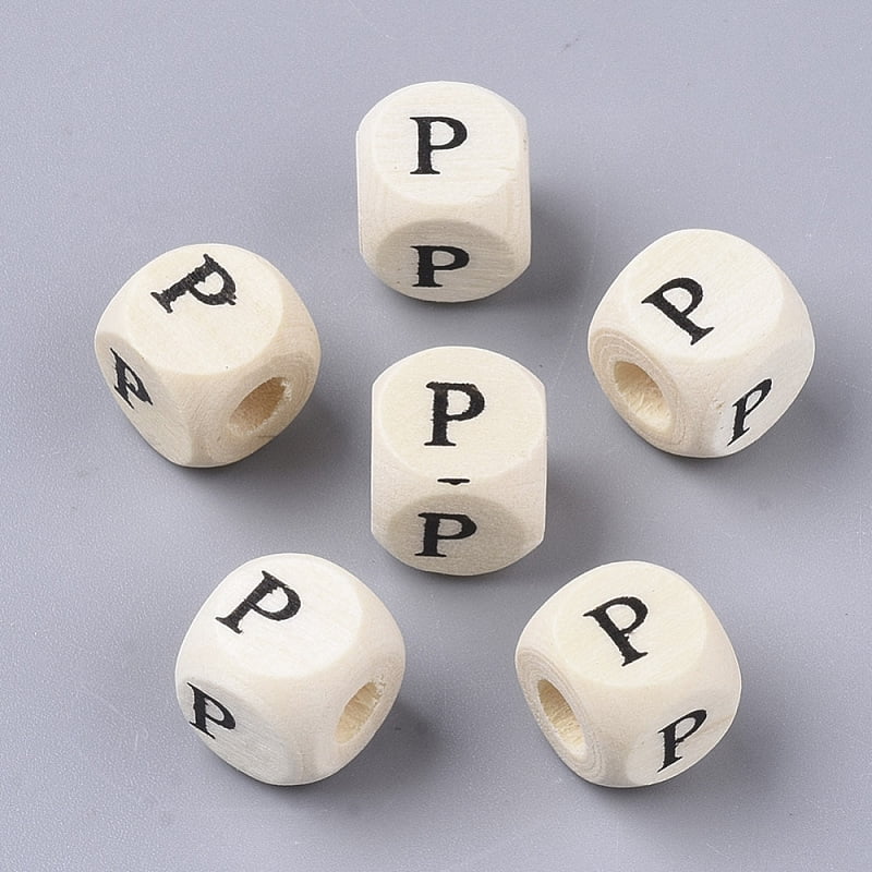 Printed Natural Wood Beads Horizontal Hole Cube with Initial Letter PapayaWhip Letter P 10x10x10mm Hole: 3.5mm about 950~1000pcs/500g