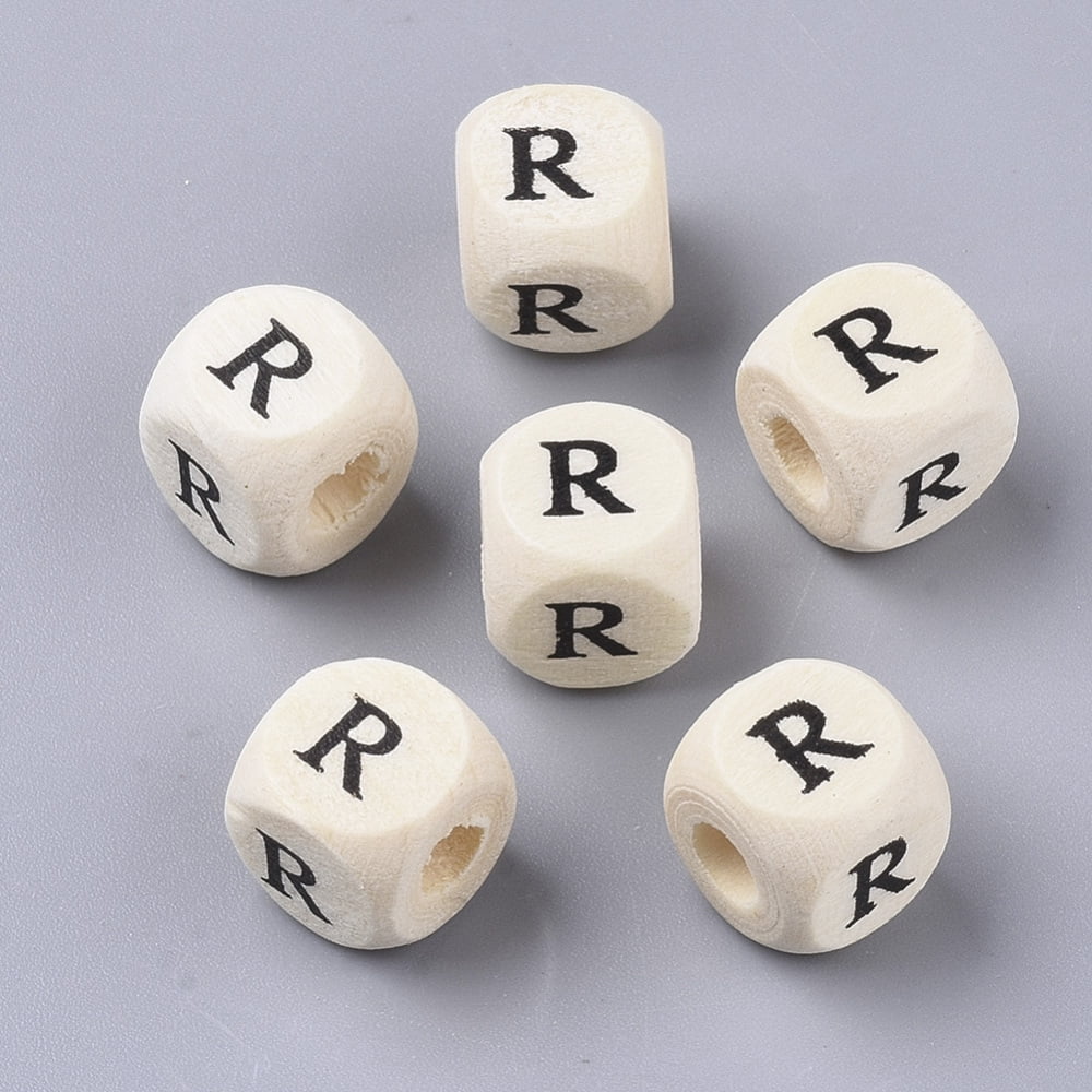 Printed Natural Wood Beads Horizontal Hole Cube with Initial Letter PapayaWhip Letter R 10x10x10mm Hole: 3.5mm 950~1000pcs/500g