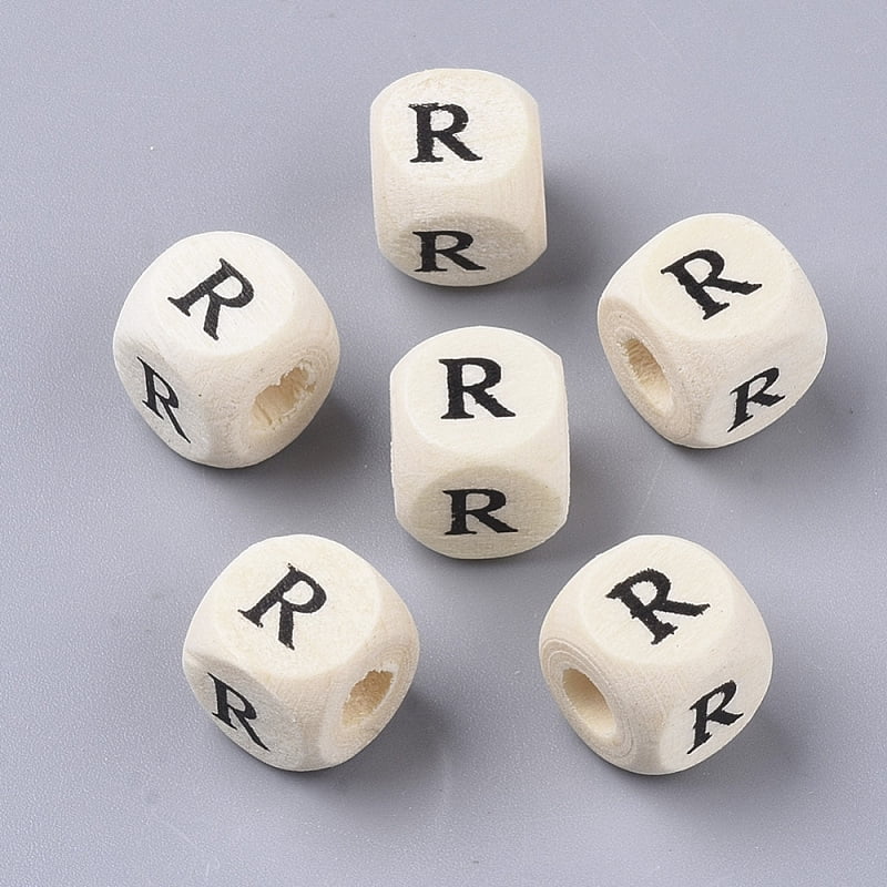Printed Natural Wood Beads Horizontal Hole Cube with Initial Letter PapayaWhip Letter R 10x10x10mm Hole: 3.5mm about 950~1000pcs/500g