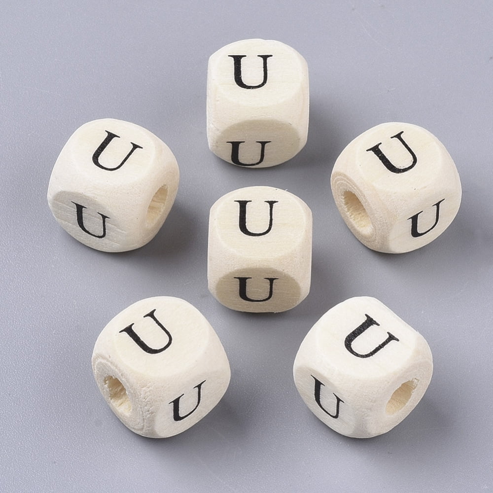 Printed Natural Wood Beads Horizontal Hole Cube with Initial Letter PapayaWhip Letter.U 10x10x10mm Hole: 3.5mm 1000pcs/500g