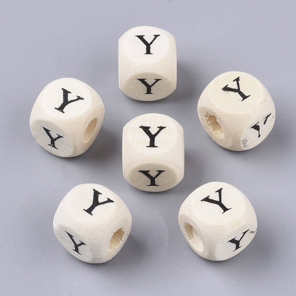 Printed Natural Wood Beads Horizontal Hole Cube with Initial Letter PapayaWhip Letter.Y 10x10x10mm Hole: 3.5mm about 1000pcs/500g