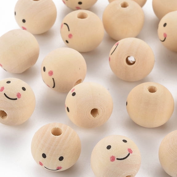 Printed Natural Wood European Beads Large Hole Beads Round with Smile Face Lead Free Undyed PapayaWhip 25x22~23mm Hole: 4.5mm
