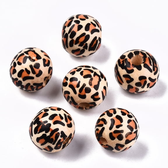 Printed Natural Wooden Beads Round with Leopard Print Pattern Peru 14x13mm Hole: 3~4mm diy