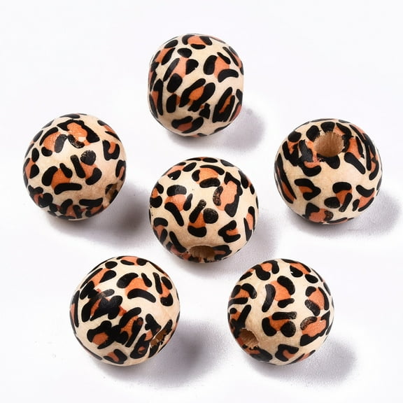 Printed Natural Wooden Beads Round with Leopard Print Pattern Peru 14x13mm Hole: 3~4mm