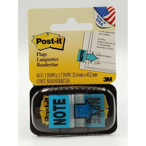 Post-it Printed Message Flags, "Note" with Arrow, 1 Inch Blue, One Dispenser of 50 Flags