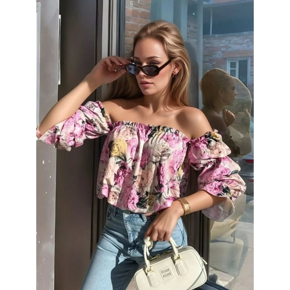 Printed Off-Shoulder Flounce Sleeve Blouse