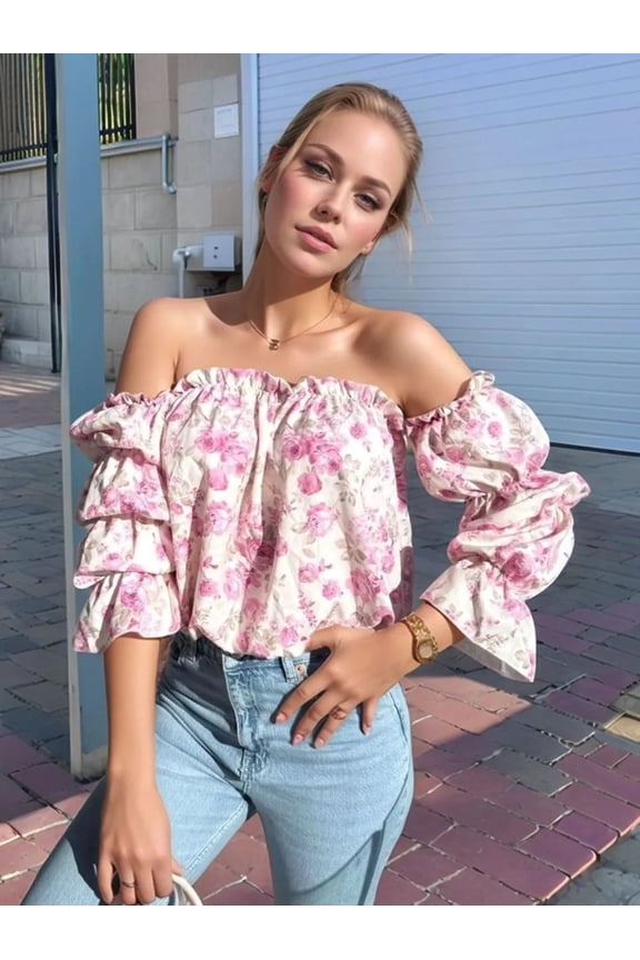 Printed Off-Shoulder Flounce Sleeve Blouse