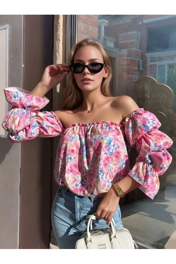 Printed Off-Shoulder Flounce Sleeve Blouse