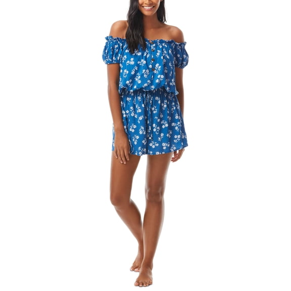 Printed Off-The-Shoulder Cover-Up Romper Blue S