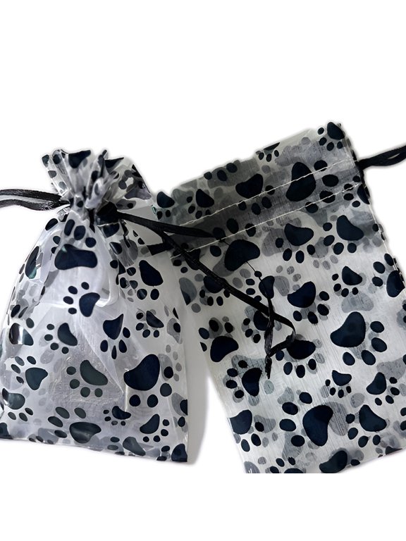 Printed Organza Drawstring Bags Rectangle Jewelry Pouches Wedding Party Christmas Favor Gift Bags Black Paw Print 15x10cm