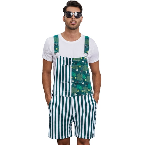 Unisex Printed Bibs Overalls Shorts Gifts for Men(Green and White Striped,XL)