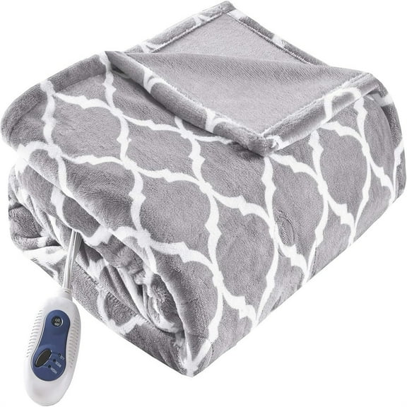 Printed P Electric Blanket for Cold Weather, Fast Heating, Auto Shut Off, Virtually Zero EMF, Multi Heat Setting, Machine Washable, Grey Oversized Throw 60x70