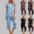 thumbnail image 1 of Printed Pajama Set for Women Capri Pants with Pockets Short Sleeve Crew Neck Blouses Soft Comfy Casual Lounge Sleepwear Lightweight Home Two Piece Pajama Set, 1 of 9