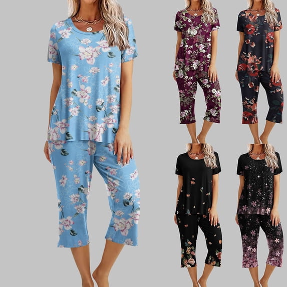 Printed Pajama Set for Women Capri Pants with Pockets Short Sleeve Crew Neck Blouses Soft Comfy Casual Lounge Sleepwear Lightweight Home Two Piece Pajama Set