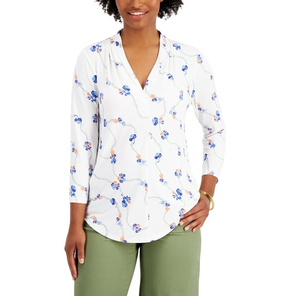 Printed Pearl Chain V-Neck Blouse Cloud Combo XS