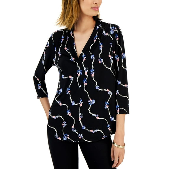 Printed Pearl Chain V-Neck Blouse Deep Black Combo XS