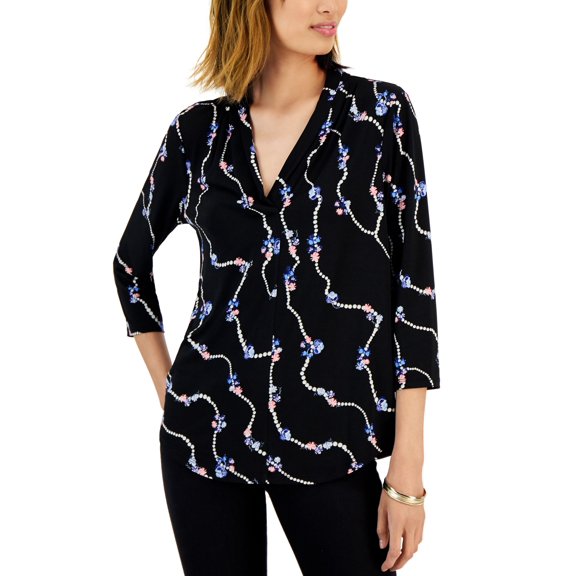 Printed Pearl Chain V-Neck Blouse Deep Black Combo XS
