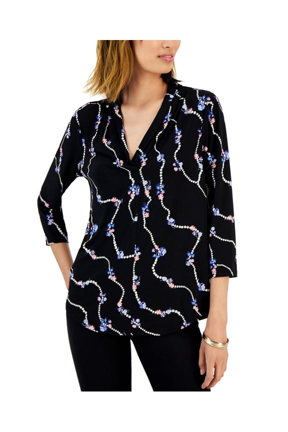Printed Pearl Chain V-Neck Blouse Deep Black Combo XS