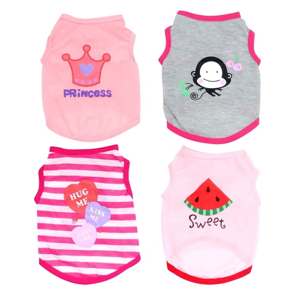 Printed Pet Outfit , 4-Pack Dog Shirts for Small Dogs - Adorable Vest Clothes Featuring Love Heart, Watermelon, and Crown Prints