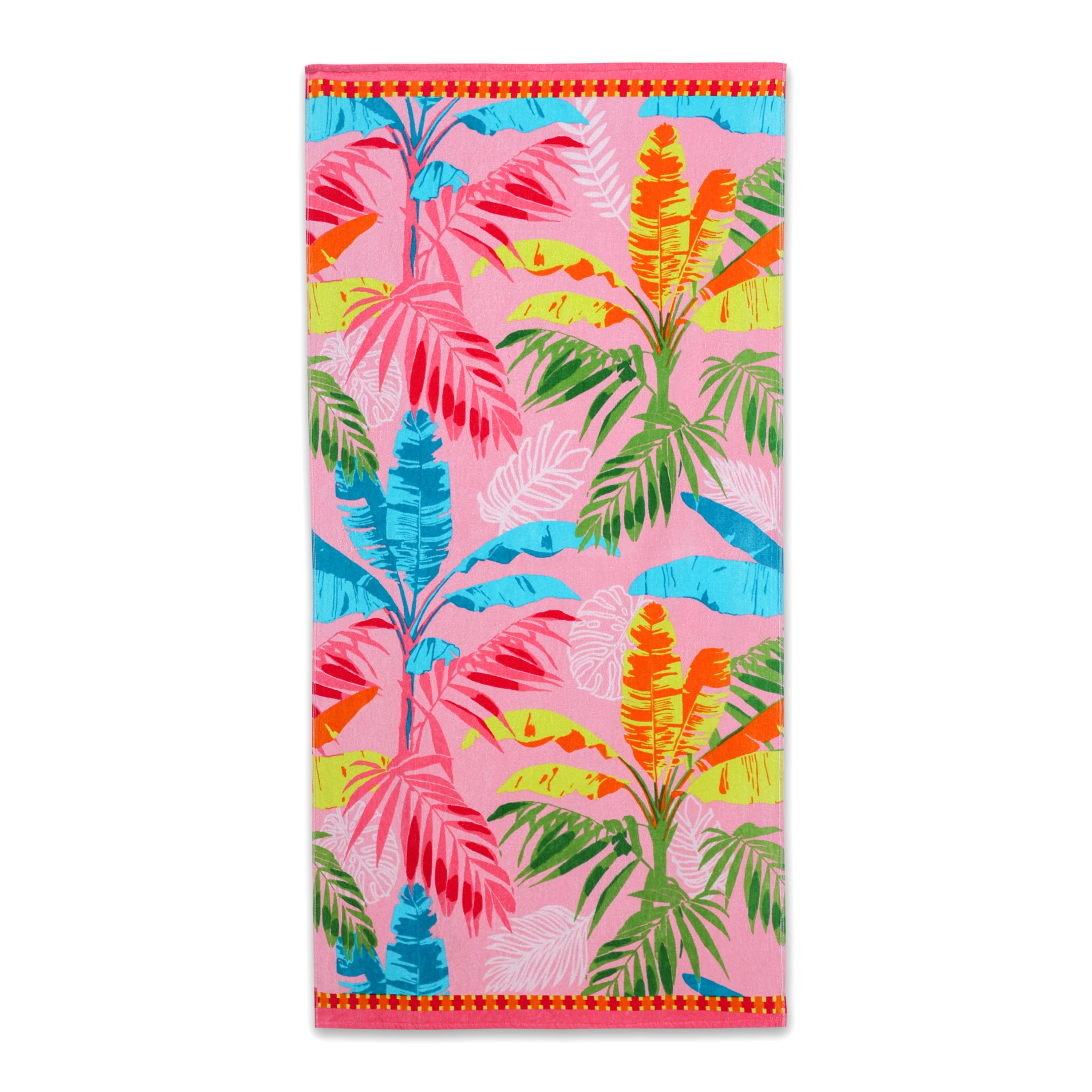 Printed Oversized Pink Palm Beach Towel, Soft Cotton, 34 x 64 Inches