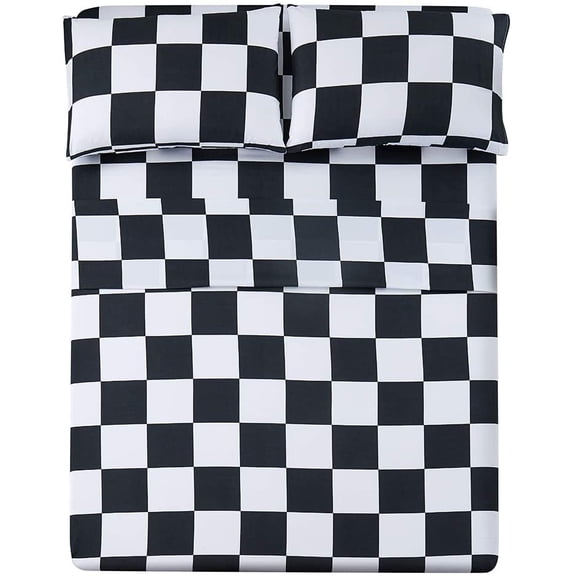 Printed Plaid Bed Sheet Set 3 Pieces - Twin Size - Double Brushed Microfiber Super Soft Breathable Bedding Sheets Black Grid