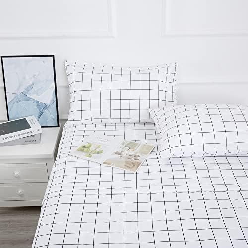 Printed Plaid Bed Sheet Set 4 Pieces - Queen Size - Double Brushed Microfiber Super Soft Breathable Bedding Sheets Black Grid