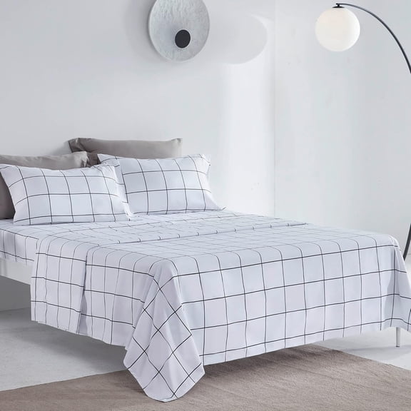 Printed Plaid  Bed Sheets Set for  3 count - Double Brushed Microfiber  Soft Breathable Bedding Sheets with 16 inch Deep Pocket (Black Grid Printed  White)