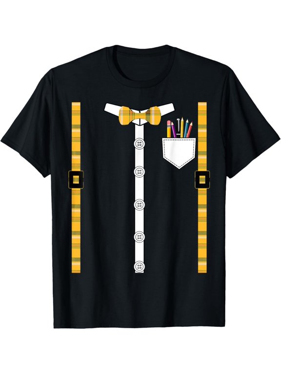 Printed Plaid Suspenders Bowtie Class Nerd Costume T-Shirt men and women can wear, black, white, gifts