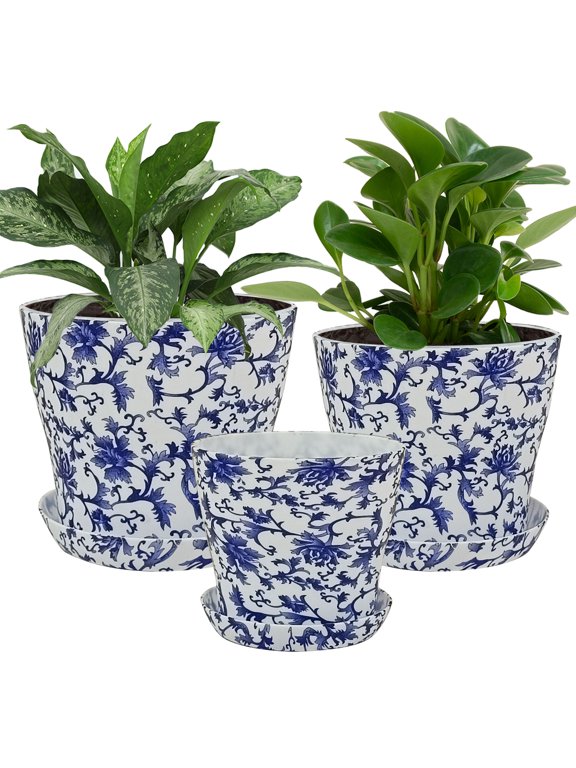 Printed Plant Pots Diam 4.7/5.4/6.5inch, Set of 3 Modern Decorative Plastic Planters with Drainage Holes and Saucers, Flower Pots for Indoor Outdoor Plants