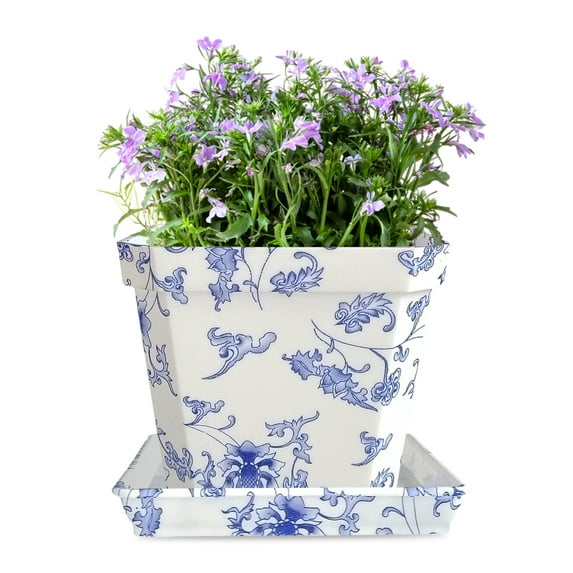 Printed Plastic Flower Pots with Drainage Hole and Tray Saucer, Planter Pots for Indoor Outdoor Garden Plants and Flowers, Modern Decorative Gift Idea 10*8.5cm,1PC