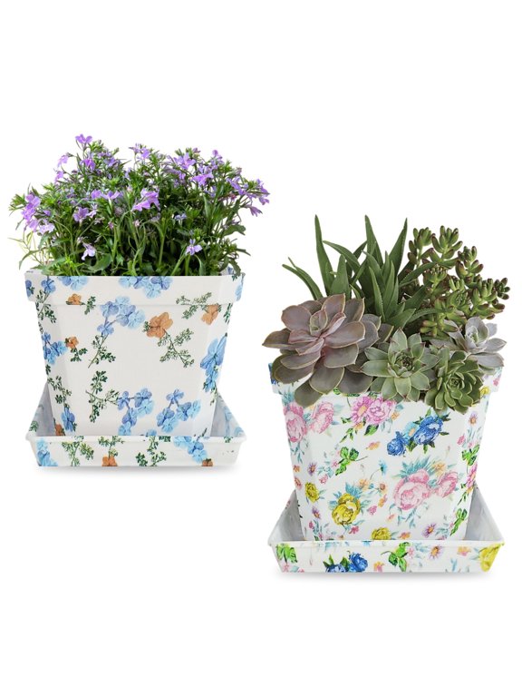 Printed Plastic Flower Pots with Drainage Hole and Tray Saucer, Planter Pots for Indoor Outdoor Garden Plants and Flowers, Modern Decorative Gift Idea 10*8.5cm,Set of 2pcs