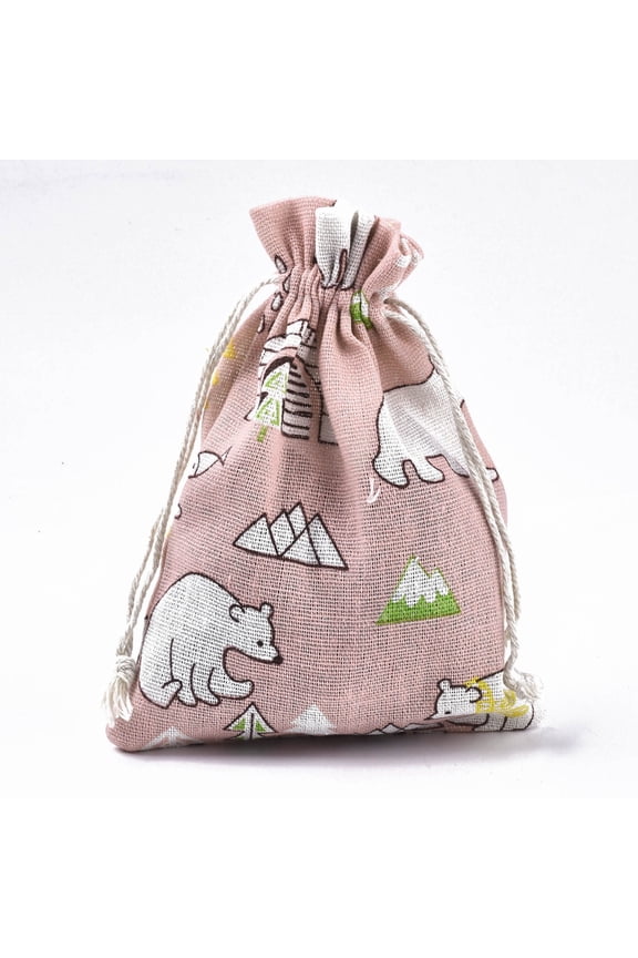Printed Polycotton(Polyester Cotton) Pouches Drawstring Bags Zuni Bear Pattern Pink 17.5~18x12.7~13cm