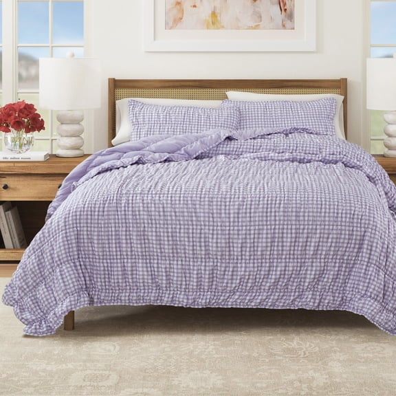 Printed Quilt Set - Lightweight, Soft, All-Season - 3-Piece Gingham Bedding Set (Full / Queen, Purple)