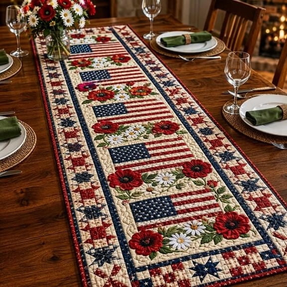 Printed Quilt Style Floral USA Table Runner, 250 Years Freedom Patriotic Decor, July 4th Dining Table Gift, America Celebration Party Home