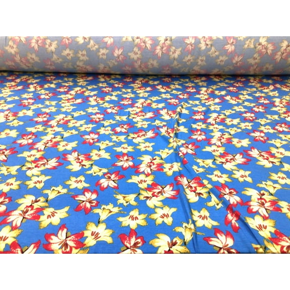 Printed Rayon Spandex 4 way Stretch Apparel Fabric Blue Fuchsia Pink Floral H303
