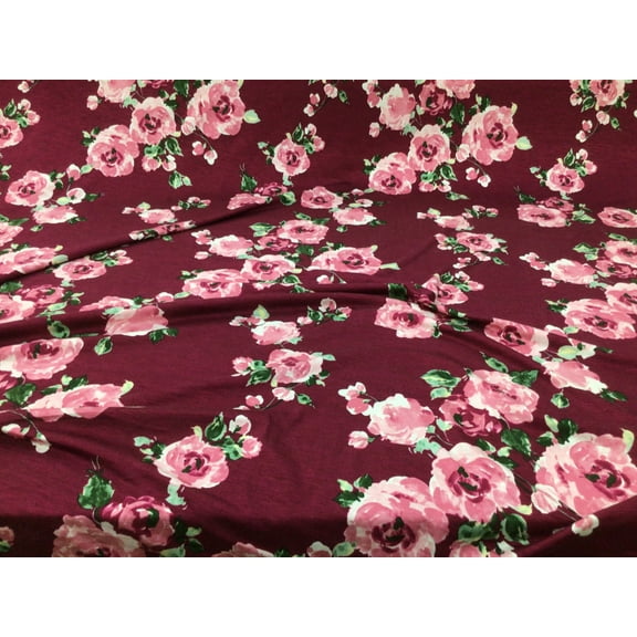 Printed Rayon Spandex 4 way Stretch Apparel Fabric Burgundy Mauve Pink Floral H201
