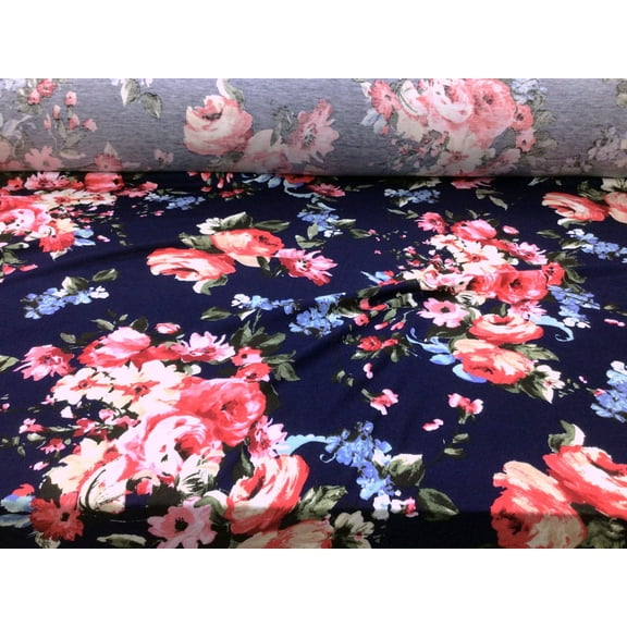 Printed Rayon Spandex 4 way Stretch Apparel Fabric Navy Red Blue Floral G200