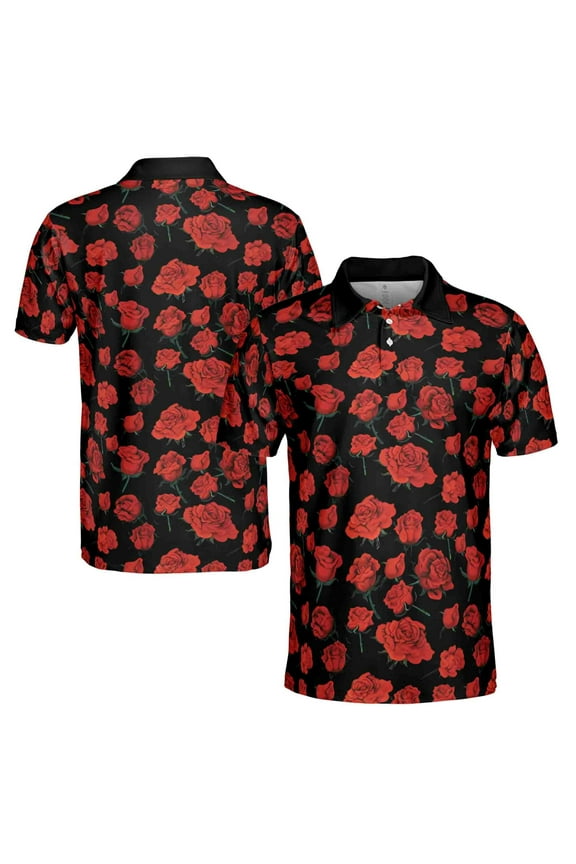 Printed Red Rose Art Pattern Casual Men's Polo Shirt S-5XL